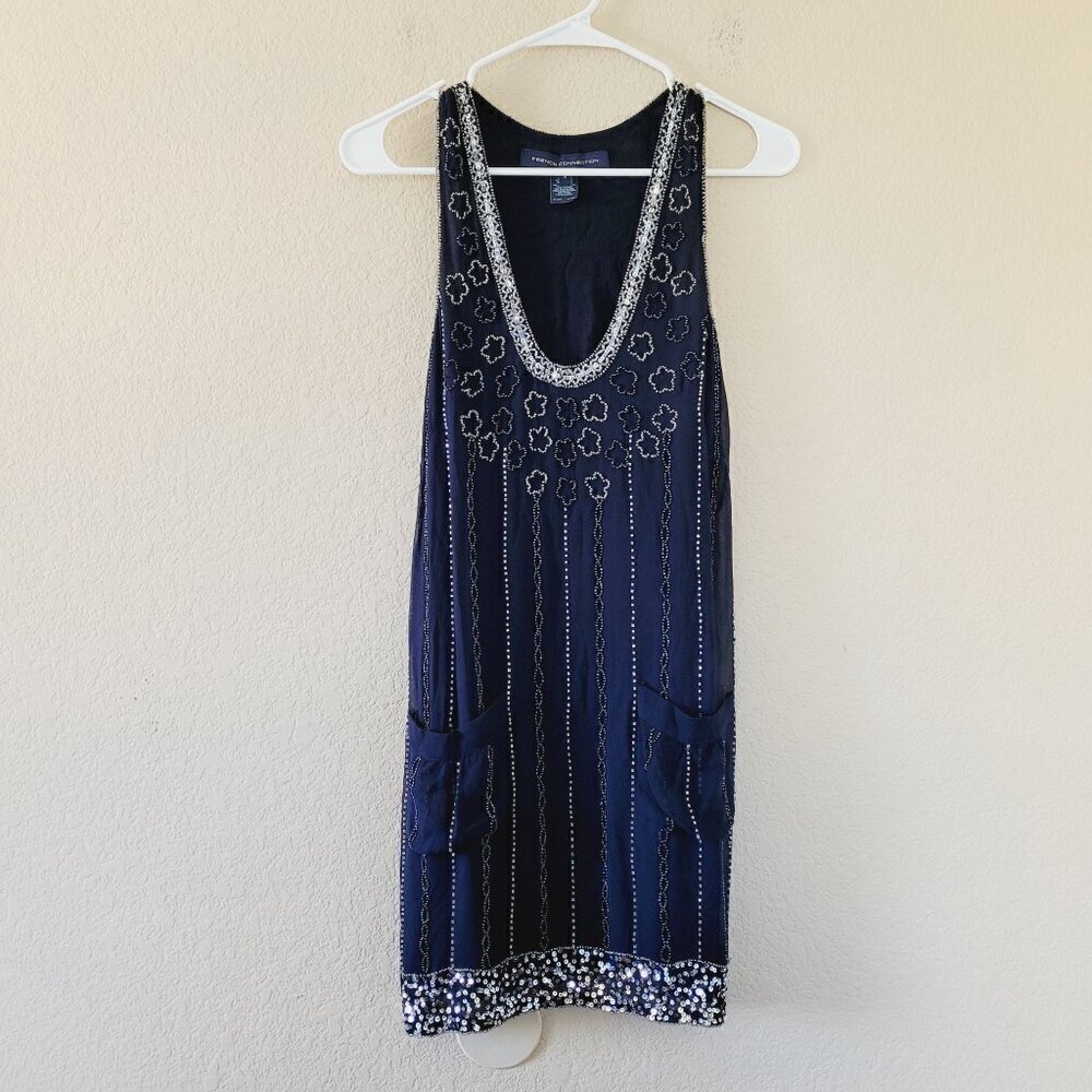 French Connection 100% Silk Shift Dress Sz 0 Blue Sequin Beaded Lined Lightweigh